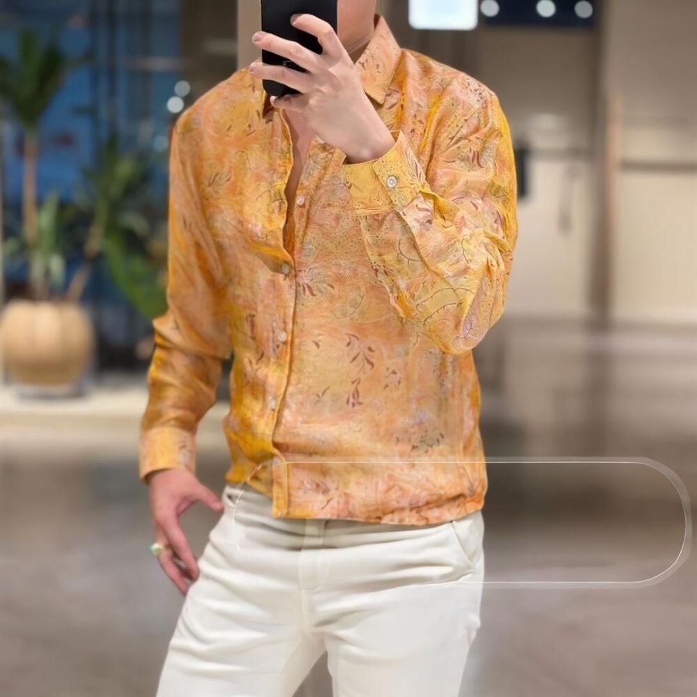 Vintage Gold Floral Jacquard Button-Down Shirt