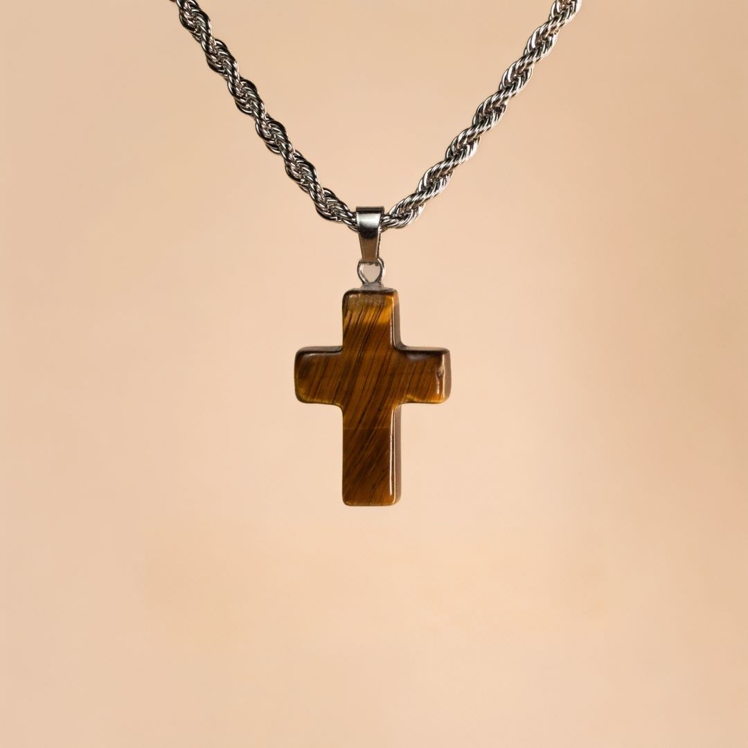Natural Stone Cross Pendant Twisted Chain Necklace