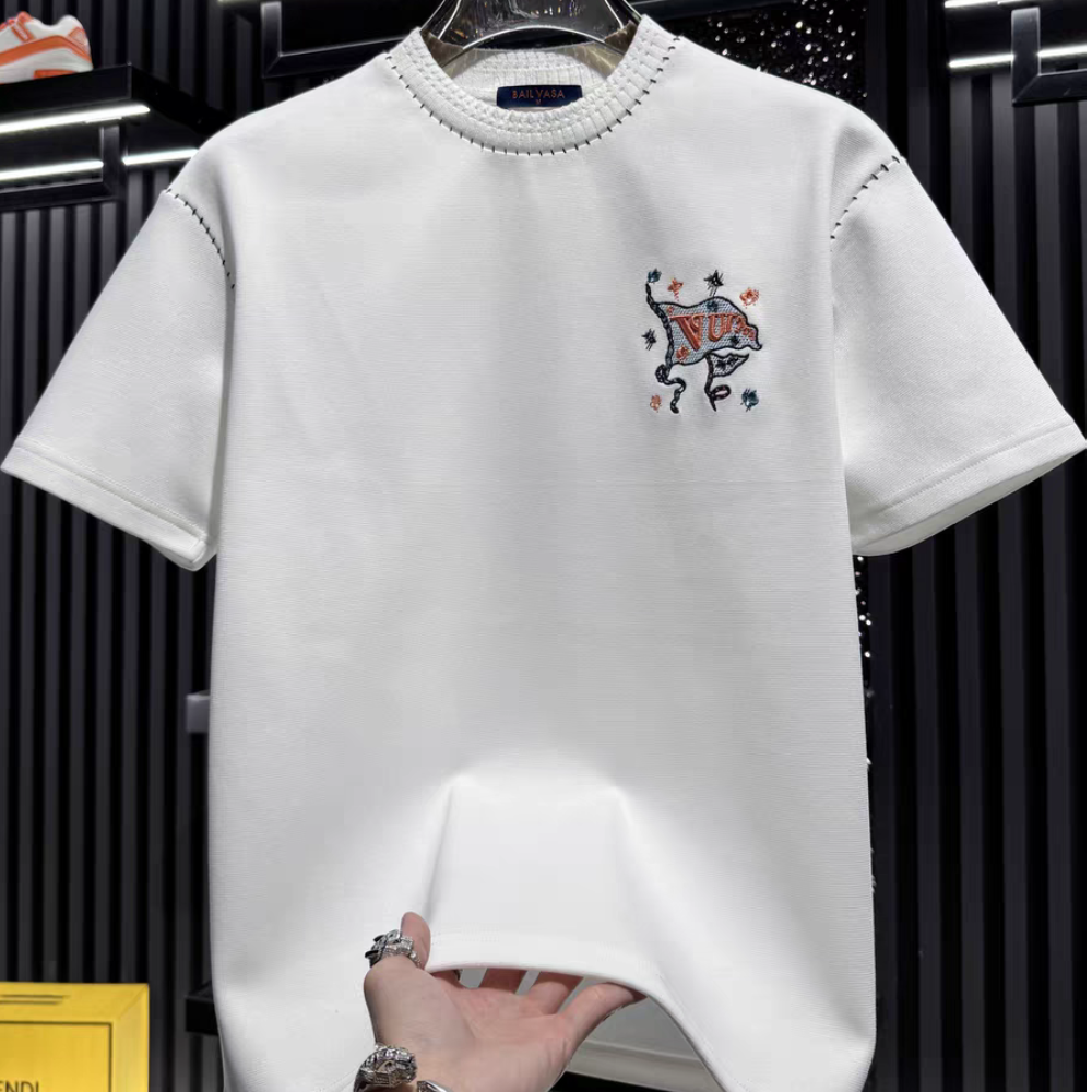 High-end embroidered round neck short-sleeved shirt