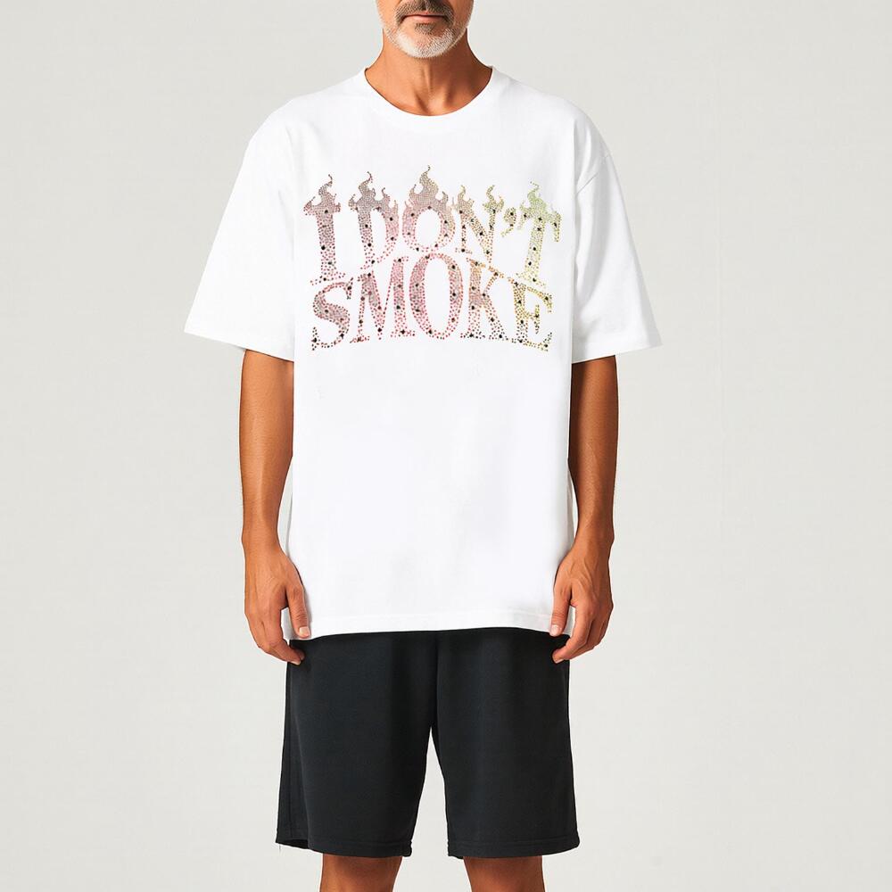 "I Don't Smoke" T-shirt studded with colorful rhinestones