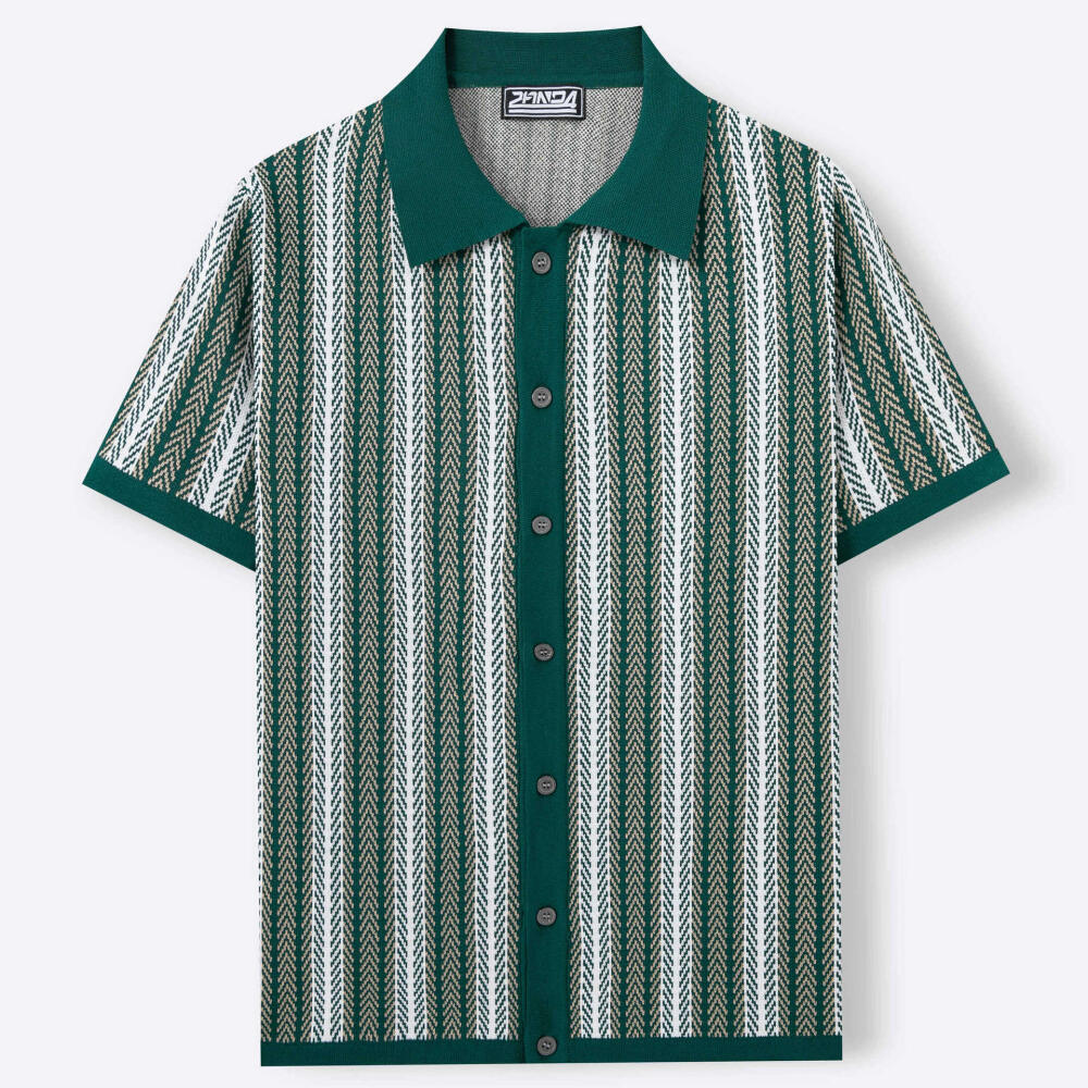 Vintage Vertical Striped Knit Short Sleeve Polo Shirt