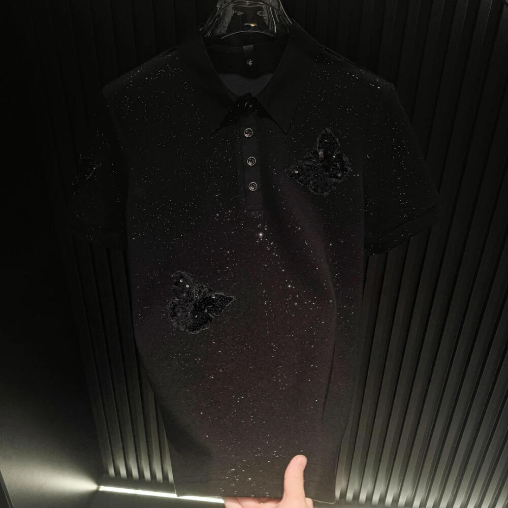Butterfly Decor Rhinestone Polo Shirt