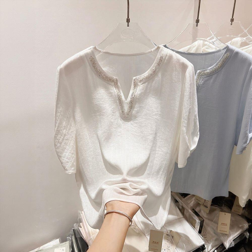 Minimal Sequin Neckline Short Sleeve Top