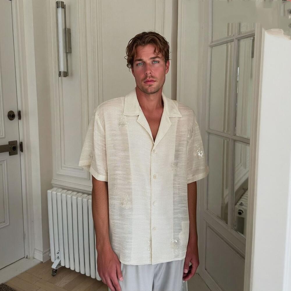 Cuban collar, niche design, openwork short-sleeved shirt