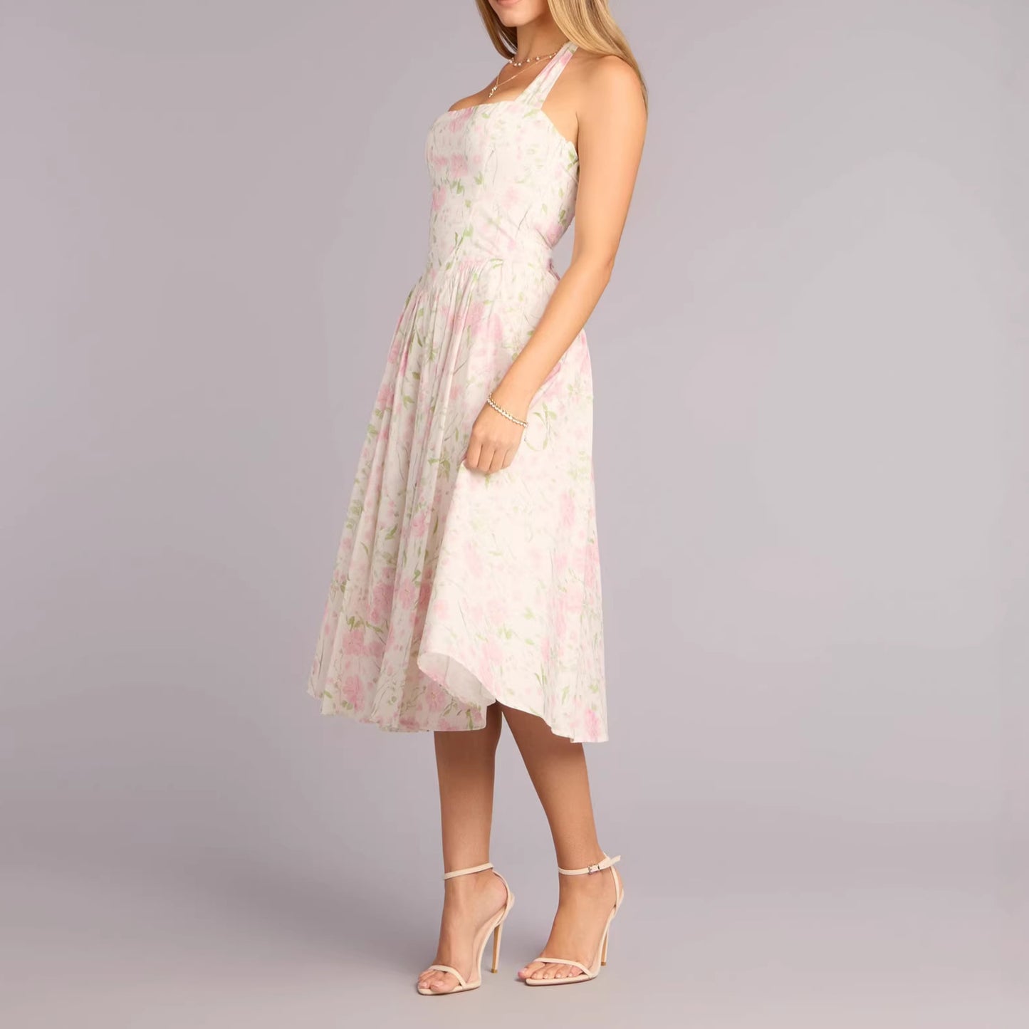 Pink & White Floral Print Halter Neck Tie Waist Midi Dress