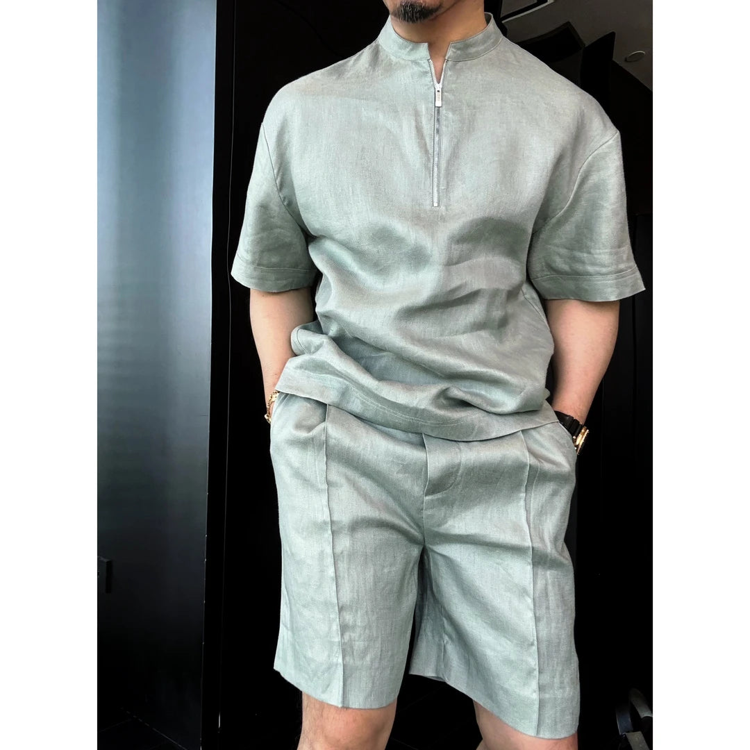 Half-Zip Stand Collar Linen 2-Piece Short Set