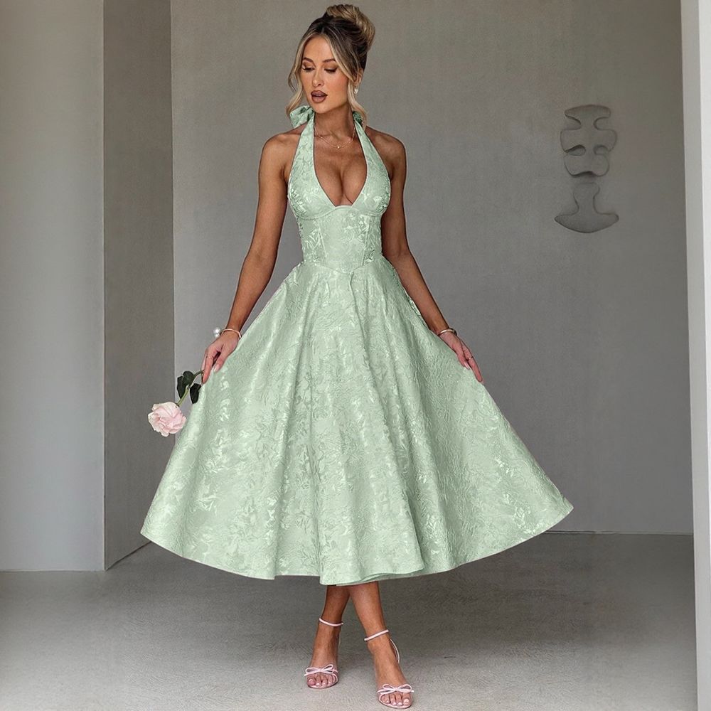 Halter V-Neck Jacquard Dress
