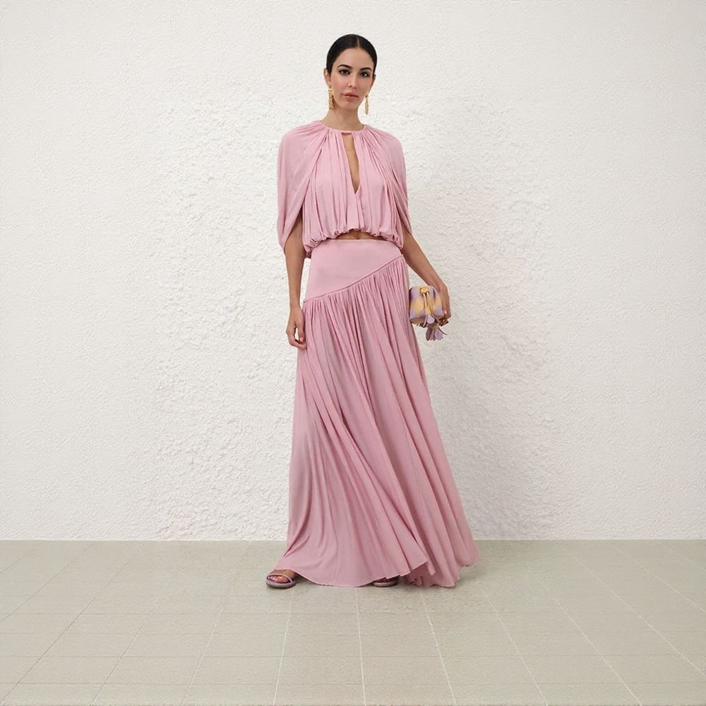 Pink Crop Top + Long Skirt 2-Piece Set