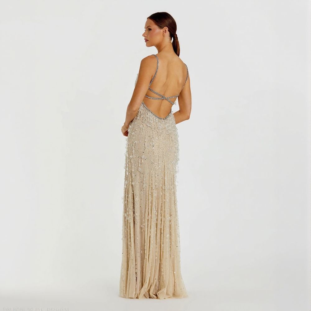 Beige V-Neck Column Gown with Fringe EmbellishmentsI (Clearance sale!)