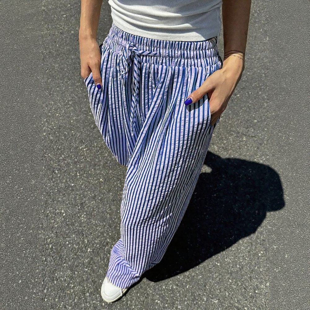 Striped Drawstring Wide Leg Casual Pants With Pockets