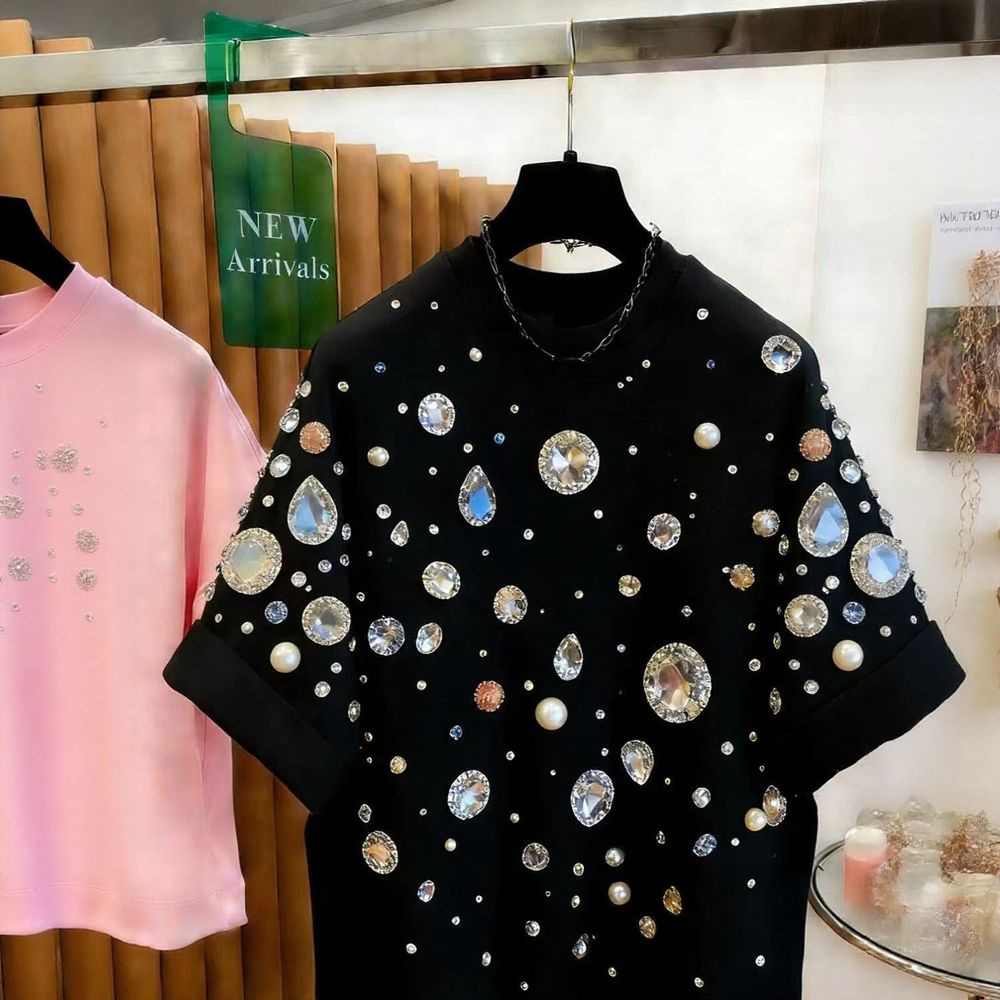 All-Over Jewel Embellished Short Sleeve Top