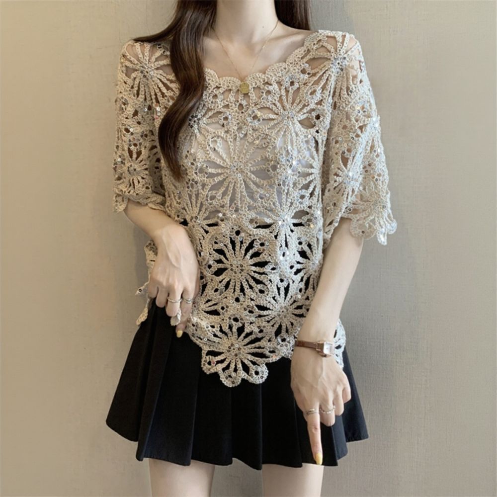 Hollow Out Floral Sequin Short Sleeve Top