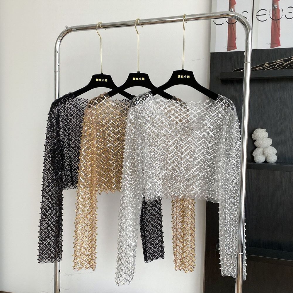 Pearl & Floral Sparkle Hollow-out Blouse