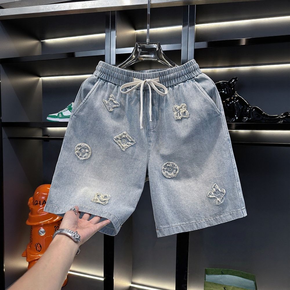 Embroidered Denim Five-Point Shorts
