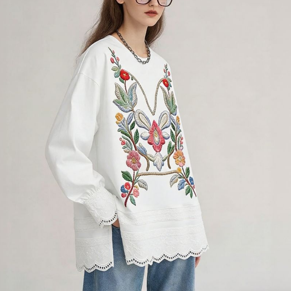 Delicate Floral Embroidered Lace-Edged Blouse