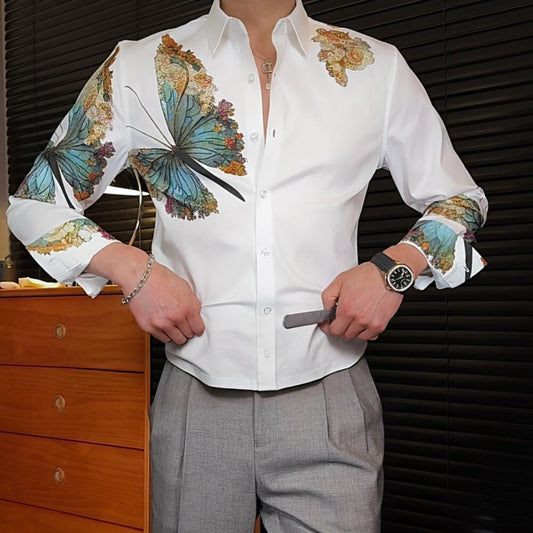 Butterfly Rhinestone Print Slim Fit Business Casual Wrinkle-Free Shirt