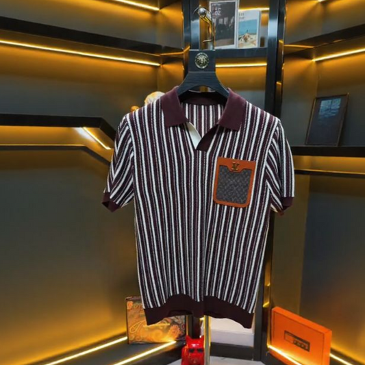 Vertical Stripe Leather Pocket Polo