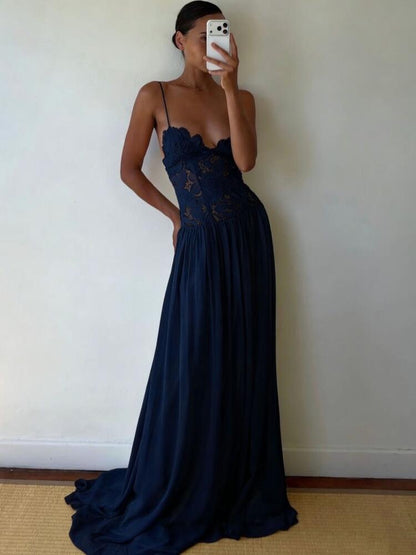 Vacation Style Lace Embroidered Chiffon Maxi Dress