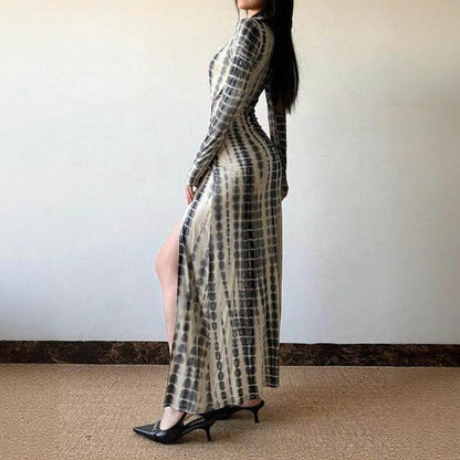 Color Block Tie Waist Long Sleeve Dress