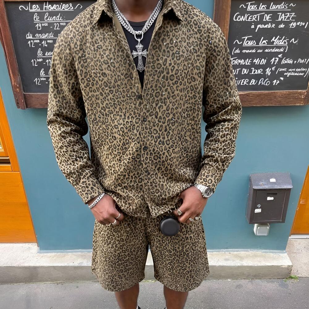 Leopard Print Rhinestone Shirt & Shorts Set