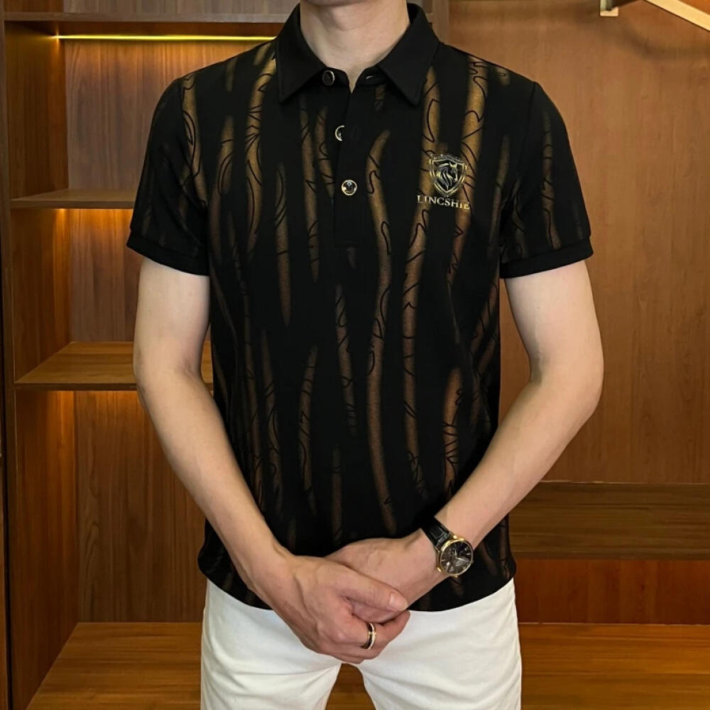 Elegant Gold Horse Head Fluid Texture Lapel Polo
