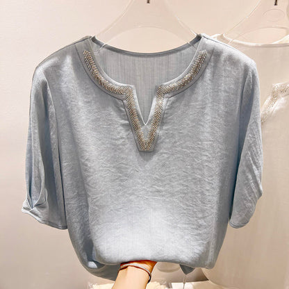 Minimal Sequin Neckline Short Sleeve Top