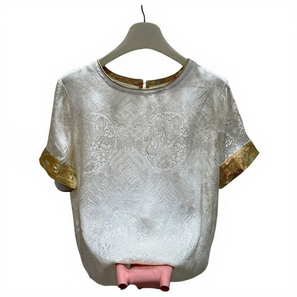 Luxury Embossed Short-Sleeved Top with Gold Trim