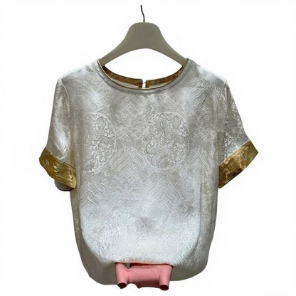 Luxury Embossed Short-Sleeved Top with Gold Trim