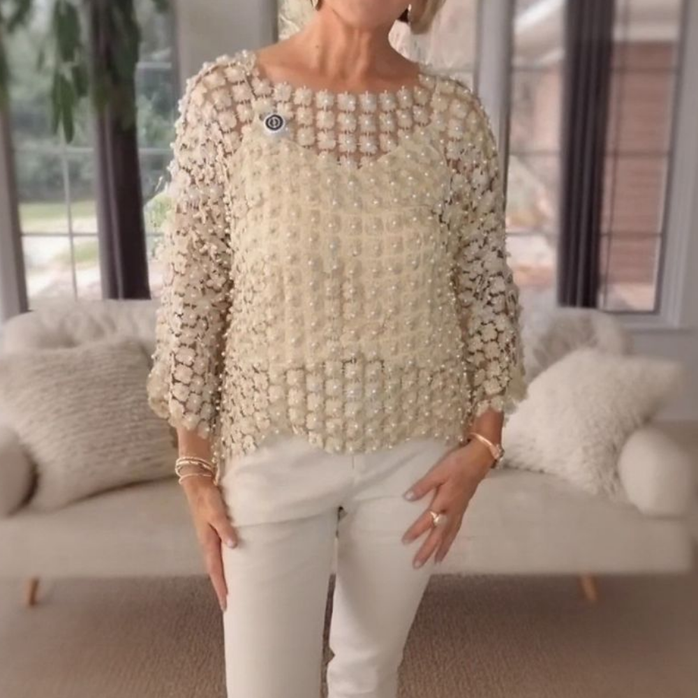 Pearl & Floral Cutout Blouse