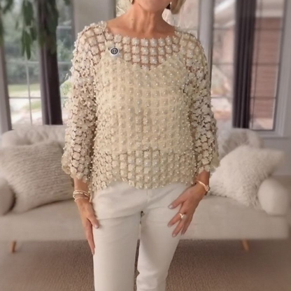 Pearl & Floral Cutout Blouse