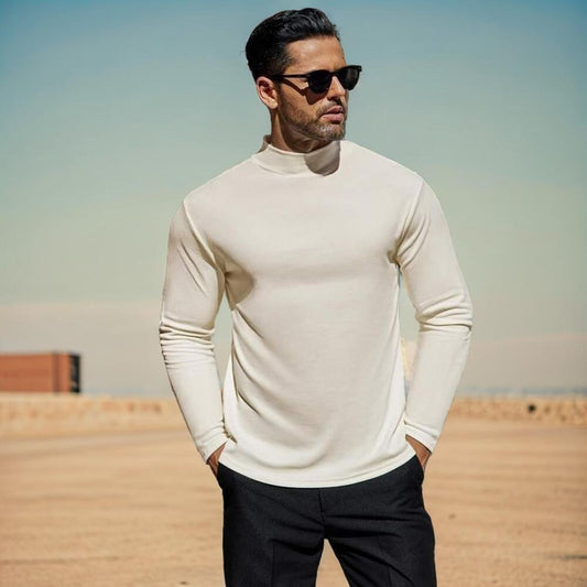 Men's long-sleeved T-shirt, high-elasticity fleece, slim fit, mid-neck, base layer, men's T-shirt.