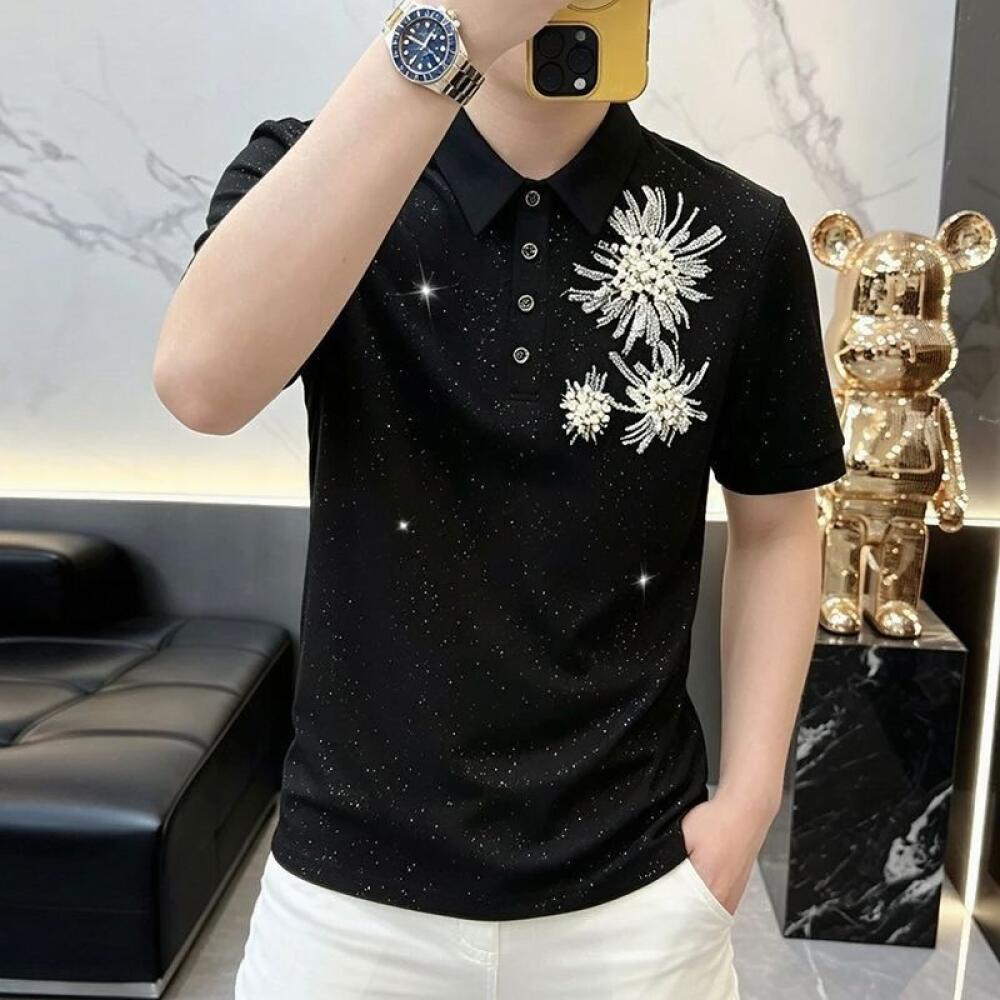 Beaded Chrysanthemum Rhinestone Polo Shirt