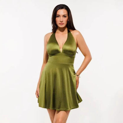 Luxury Satin Plunging V Backless Evening Dress