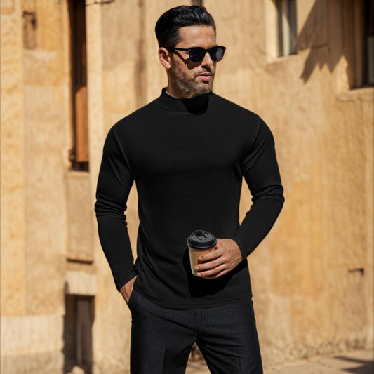 Men's long-sleeved T-shirt, high-elasticity fleece, slim fit, mid-neck, base layer, men's T-shirt.