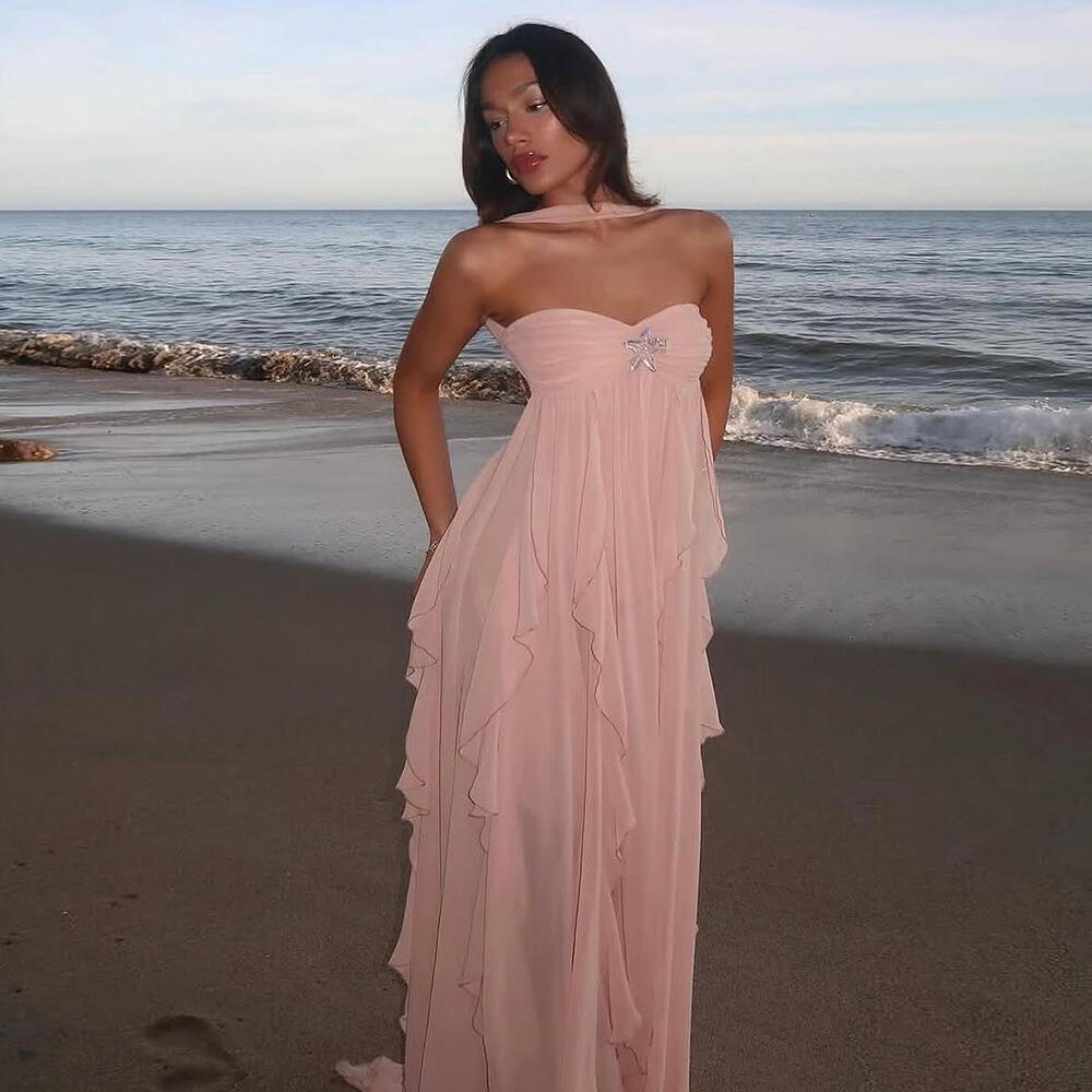 Strapless Tiered Lace Trim Maxi Dress