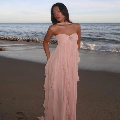 Strapless Tiered Lace Trim Maxi Dress