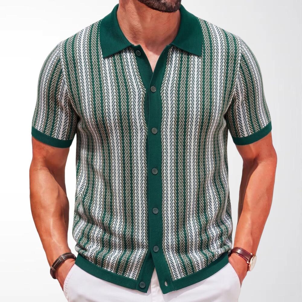 Vintage Vertical Striped Knit Short Sleeve Polo Shirt