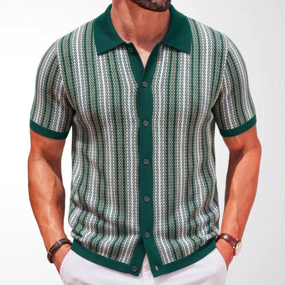 Vintage Vertical Striped Knit Short Sleeve Polo Shirt
