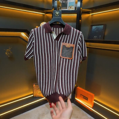 Vertical Stripe Leather Pocket Polo