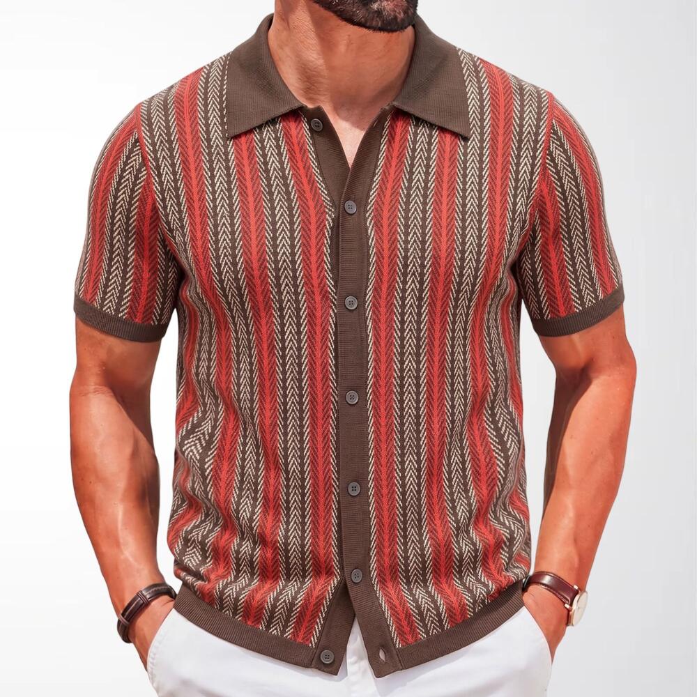 Vintage Vertical Striped Knit Short Sleeve Polo Shirt