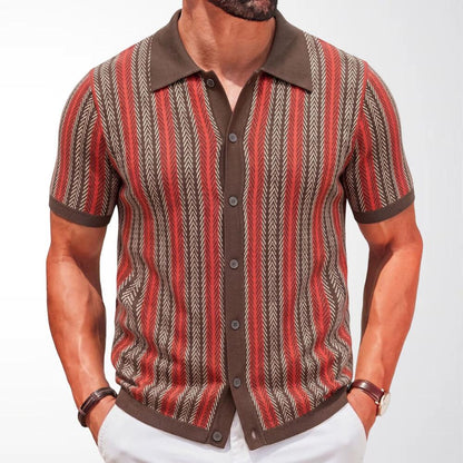 Vintage Vertical Striped Knit Short Sleeve Polo Shirt