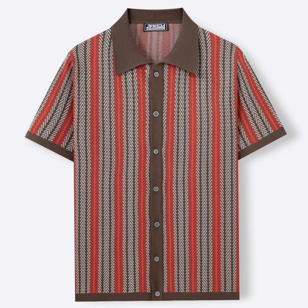 Vintage Vertical Striped Knit Short Sleeve Polo Shirt
