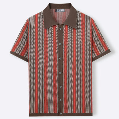 Vintage Vertical Striped Knit Short Sleeve Polo Shirt