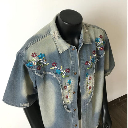 Vintage embroidered washed denim shirt