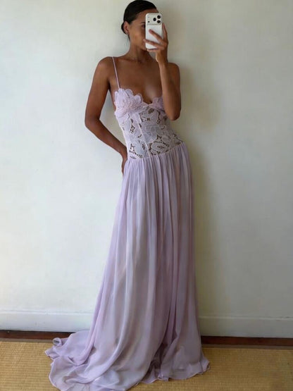 Vacation Style Lace Embroidered Chiffon Maxi Dress