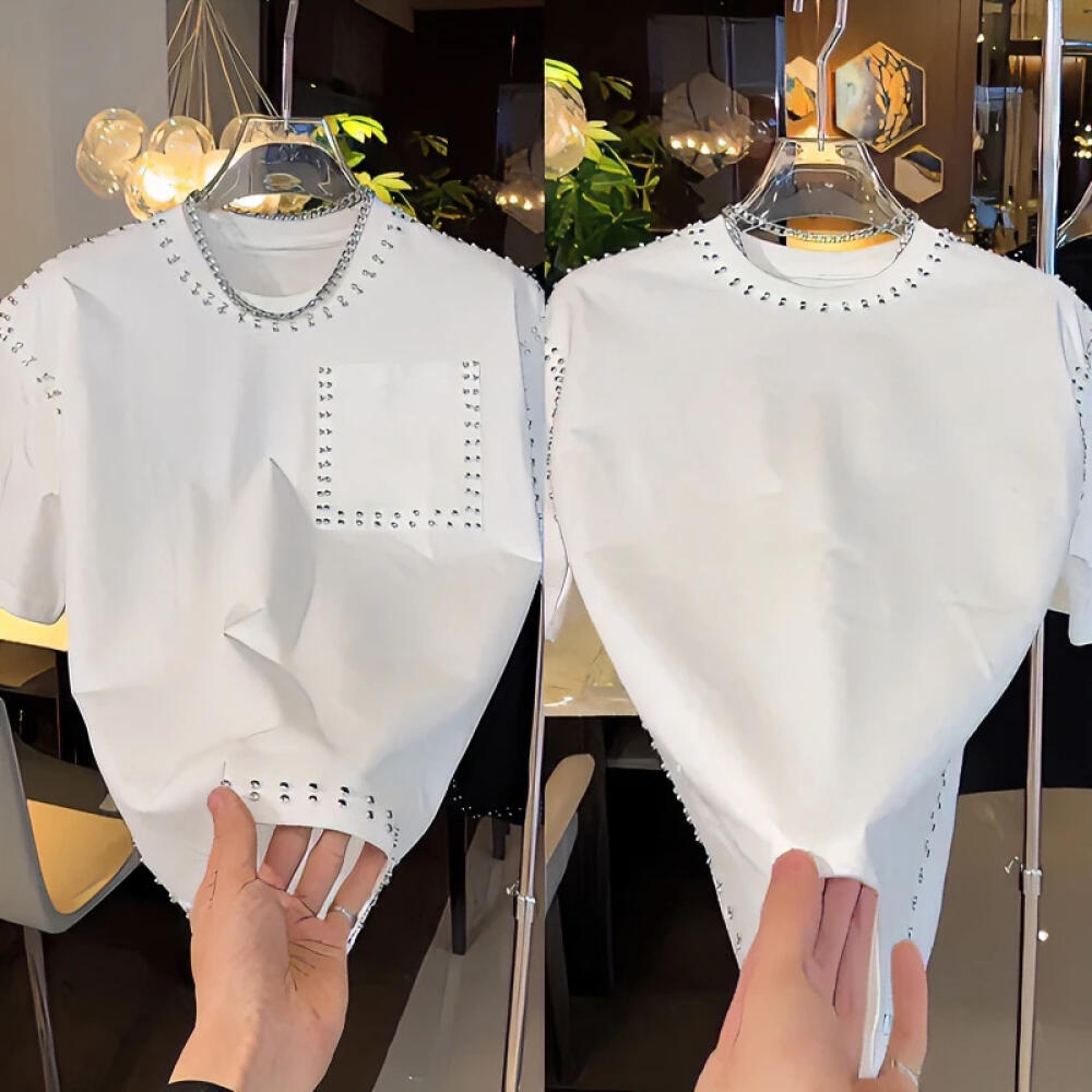 Solid color studded short-sleeved shirt