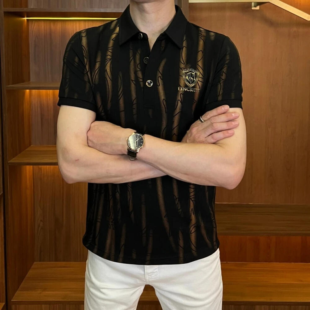 Elegant Gold Horse Head Fluid Texture Lapel Polo