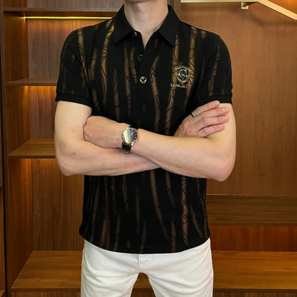 Elegant Gold Horse Head Fluid Texture Lapel Polo