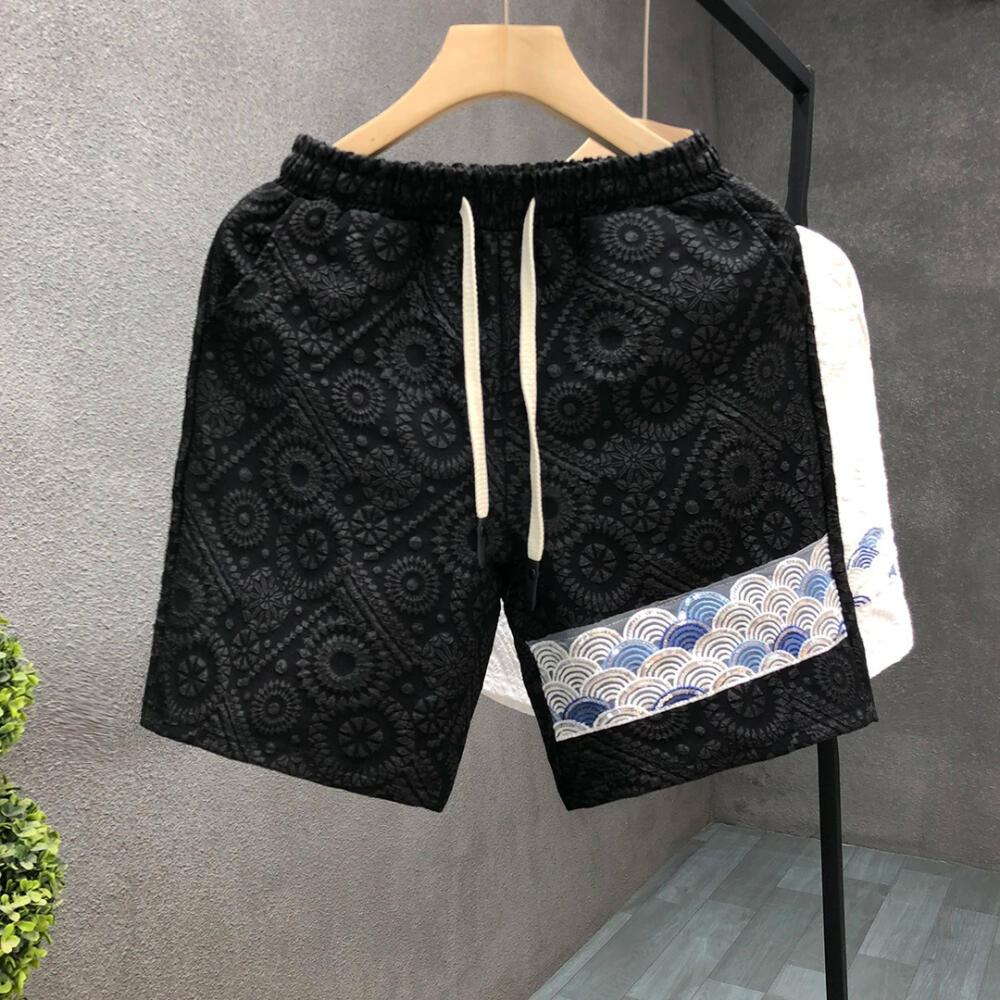 Embossed Subtle Pattern Five-Point Pants