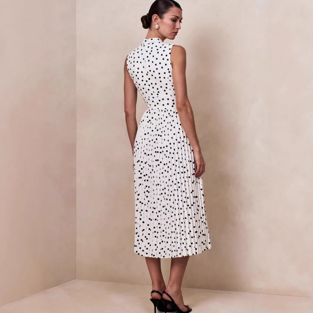French Polka Dot Sleeveless Midi Dress